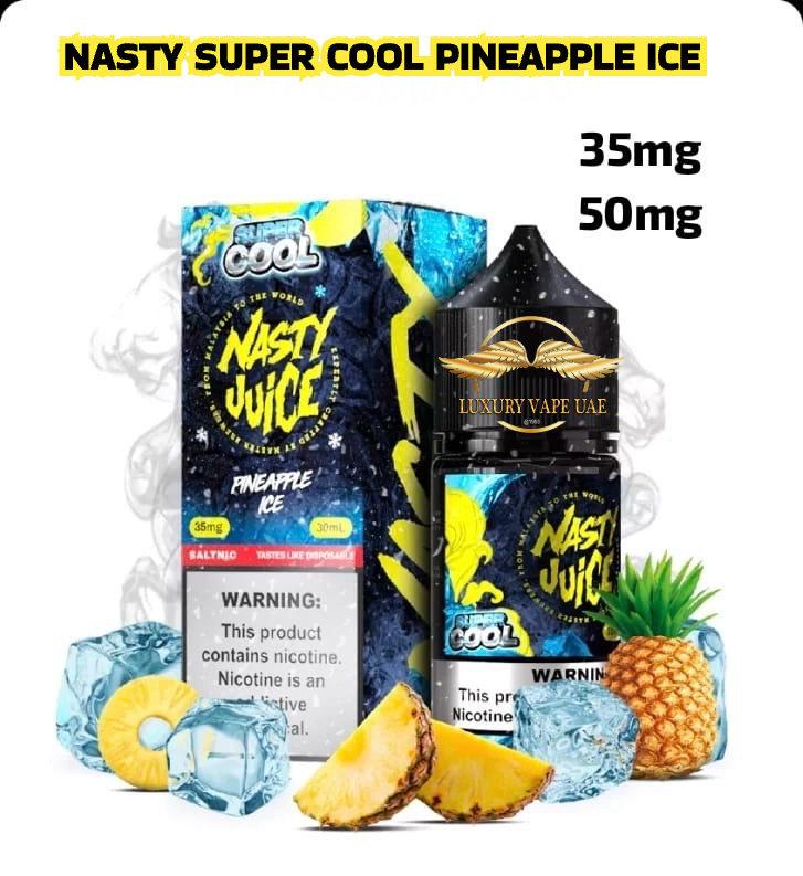 Nasty Juice Pineapple Ice vape juice packaging with pineapple and ice cubes on a white background, Nasty Super Cool Pineapple Ice 30ml