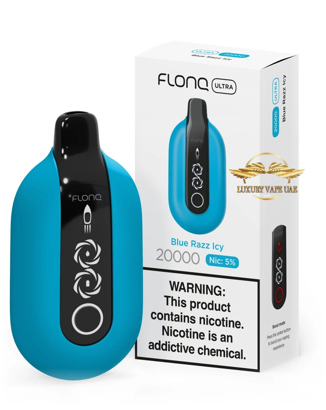 Blue vape device with black accents and its packaging on a white background